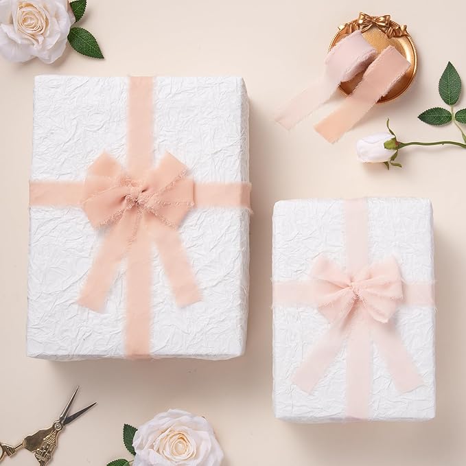 DORIS HOME Pink and Cream Chiffon Ribbon for Flower Bouquet, 1" x21Yd Fabric Ribbon for Gift Wrapping, Handmade Frayed Ribbon for Wedding Invitations/Christmas Decorations