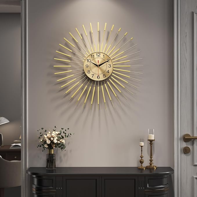 Cuspin 24 Inch Gold Wall Clock, Large Sunburst Mid Century Modern Clocks for Living Room Decor, Silent Non Ticking Battery Operated Decorative Wall Clock for Bedroom, Kitchen, Office