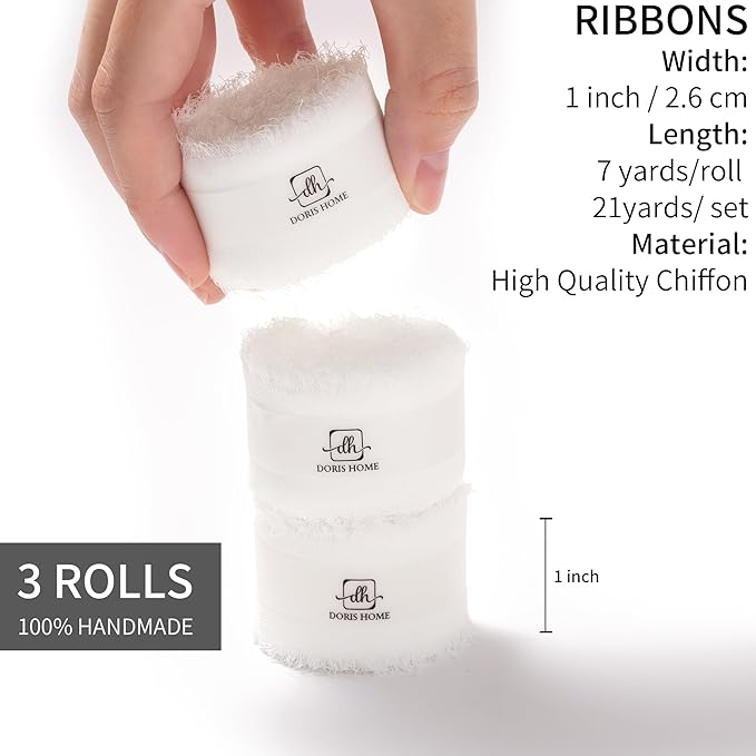DORIS HOME White Chiffon Ribbon for Flower Bouquet, 1" x21Yd Fabric Ribbon for Gift Wrapping, Handmade Frayed Ribbon for Wedding Invitations/Christmas Decorations