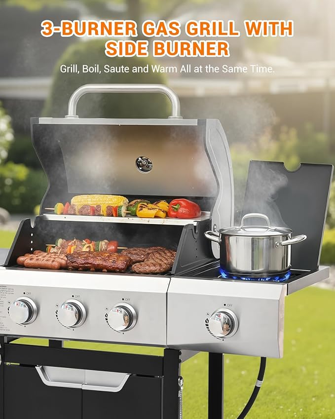 EUHOME 40,500 BTU 3-Burner Propane Gas Grill with Side Burner,Stainless Steel Outdoor BBQ Grill Portable with Wheels and Cast Iron Grates for Patio Garden Barbecue Cooking