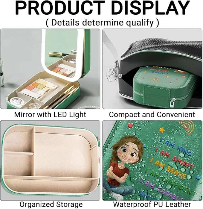 Wrappiness Girls & Women Lovely Makeup Box With LED Mirror - Personalized Jewelry Box Organizer Portable Ideal for Travel, Gift for Daughters Sisters Friends (Kind Smart Loved, Teen Girls)