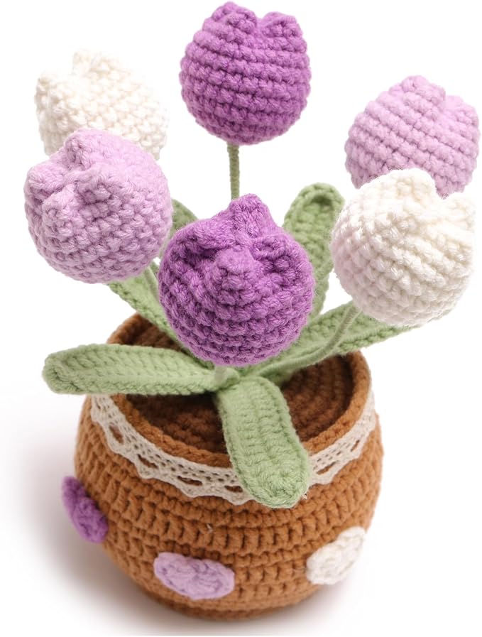 Crochet Simulation Tulip Potted Plants, Simulation Crochet with Long Flowers, Hand Crochet Lovely Woven Potted Plants, Home Office Desk Ornaments, Shop Decorative Flowers (6 Flowers-Purple)