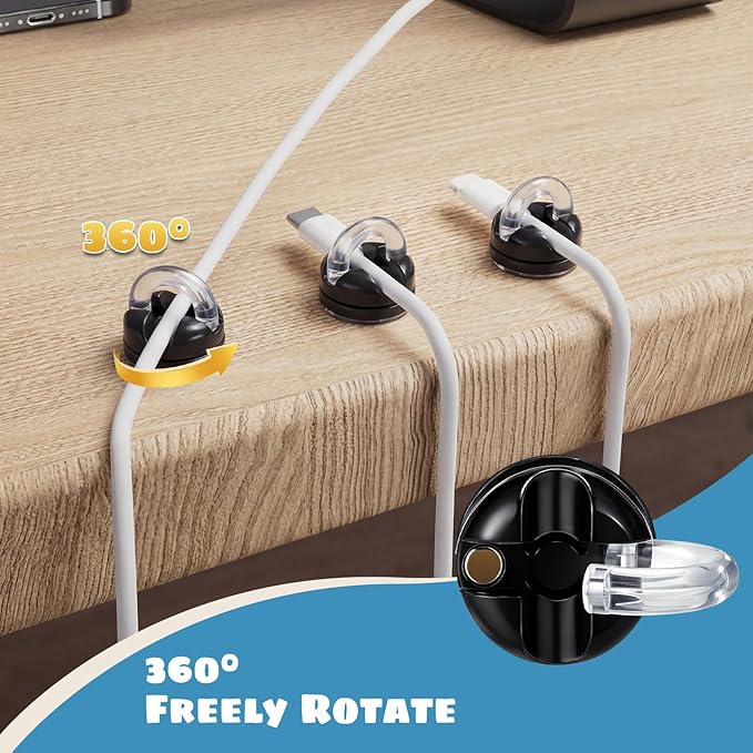 8 Pcs Rotatable Cord Organizer 1s Clip-on Magnetic Cord Holder Strong Adhesive Easy-Open Cable Clips for Bedside, Desk, Home, Office, Works as a Hanging Hook, Holds up to 2.2 Lbs