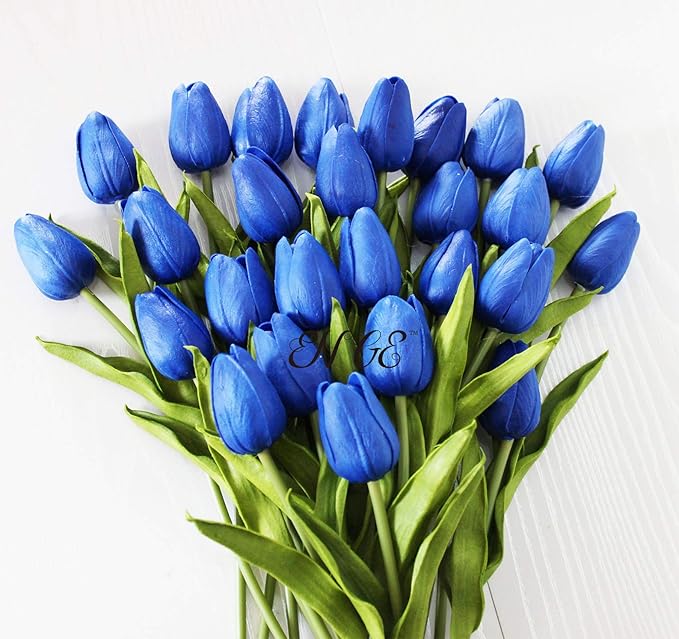 Artificial Flowers 10 Heads Mini Real Touch Artificial Tulip for Home Wedding Party Centerpiece Decoration (Sapphire Blue)