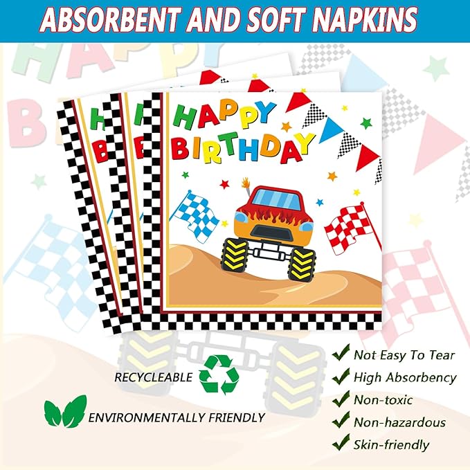 72Pcs Racing Car Party Plates and Napkins Monster Truck Birthday Party Supplies Disposable Checkered Race Tableware Set for Boys Birthday Wheel Sports Baby Shower Decorations Serves 24