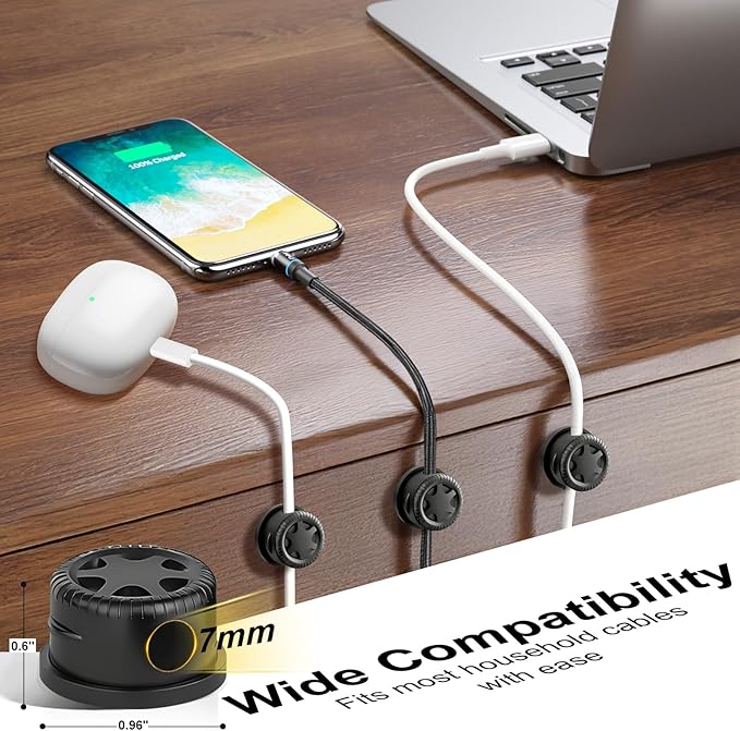 6 Pack Cord Organizer Magnetic Cable Clips, 360° Rotation Cable Clips - Adjustable Cord Holder for Nightstand, Adhesive Cable Management Cord Clips, Cable Holder & Charger Organizer（Black