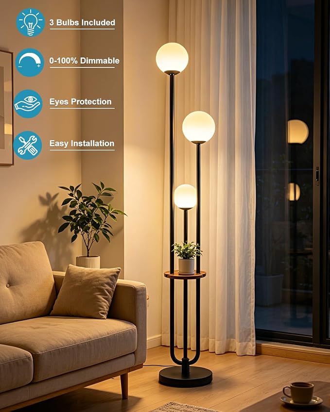 63IN Black Floor Lamp with Shelf Mid Century Modern Tall Standing Lamps with 3000K Warm White Bulb Included Dimmable Globe Floor Lamp with 5Lbs Heavy Base for Living Room/Bedroom/Home Decor