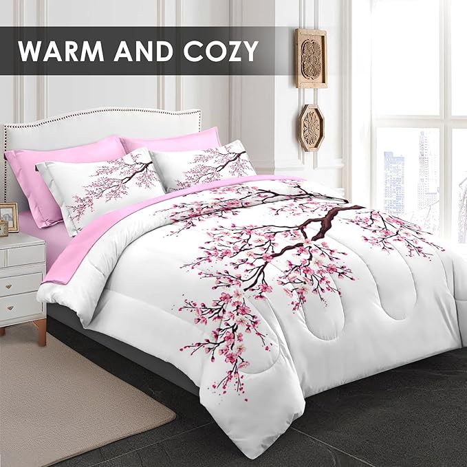 Comforter Set Twin Size, Japanese Cherry Blossom 5 Pcs Bedding for Kids and Adults, Flower Painting Pink Bed Sheet Sets with Fitted Sheet Pillowcase & Sham for Bedroom Bed Decor