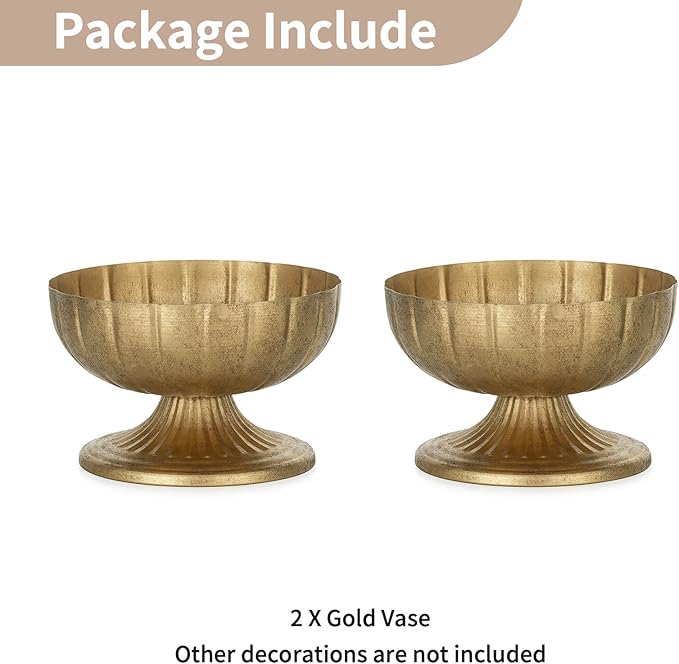 NUPTIO Distressed Gold Vases for Centerpieces: Rustic Brass Compote Vases for Flowers - Metal Pedestal Bowl Decor for Wedding Table Home Set of 2