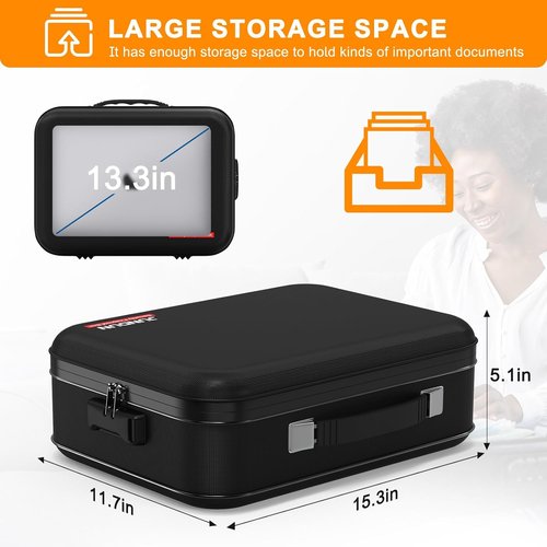 JUNDUN Fireproof Document Box - Portable Hard Case Organizer with Lock for Letter Size Files | Black