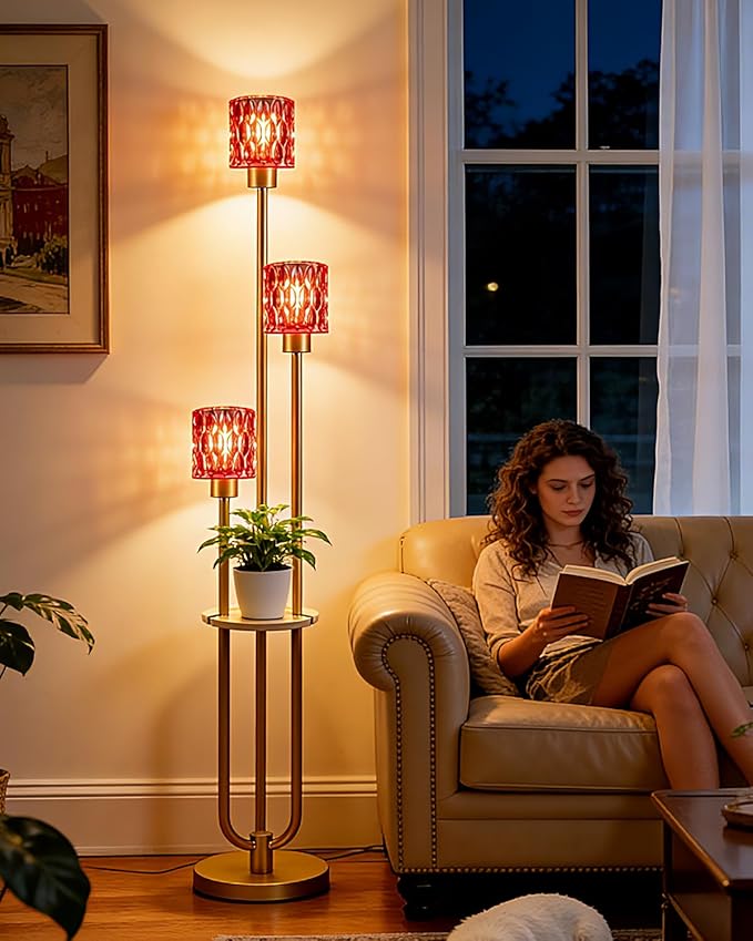 62IN Gold Floor Lamp with Deep Red Glass Shade 3-Lights Mid-Century Modern Farmhouse Floor Lamps with 3000K Warm White Bulbs, Tall Standing Lamp with 5Lbs Heavy Base for Living Room/Bedroom