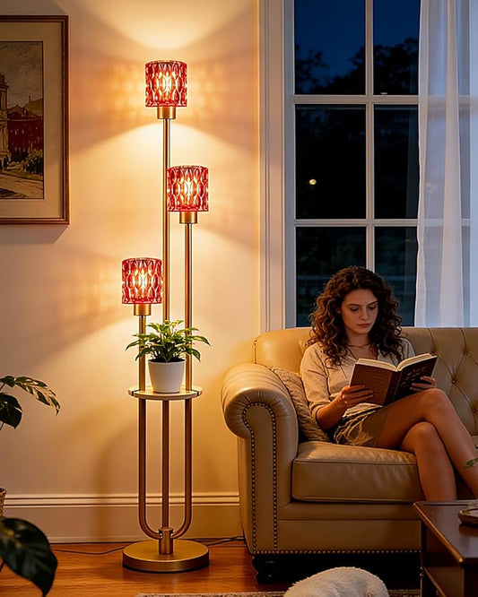 Lightdot 3-Lights Floor Lamp for Living Room Modern Gold Floor Lamp with Rose Red Glass Shade for Wedding/Party Farmhouse Tall Standing Lamp with 5Lbs Heavy Base for Bedroom/Sofa Beside/Corner Decor