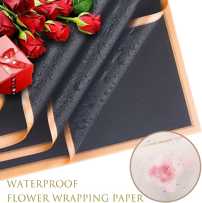 40 Sheets Black Grey Flower Wrapping Paper, Gold Edge Waterproof Floral Wrapping Paper, 22.8x22.8 inch Bouquet Paper Wrap with 2 Rolls Ribbon for Wedding Birthday Gift DIY Crafts Florist Supplies