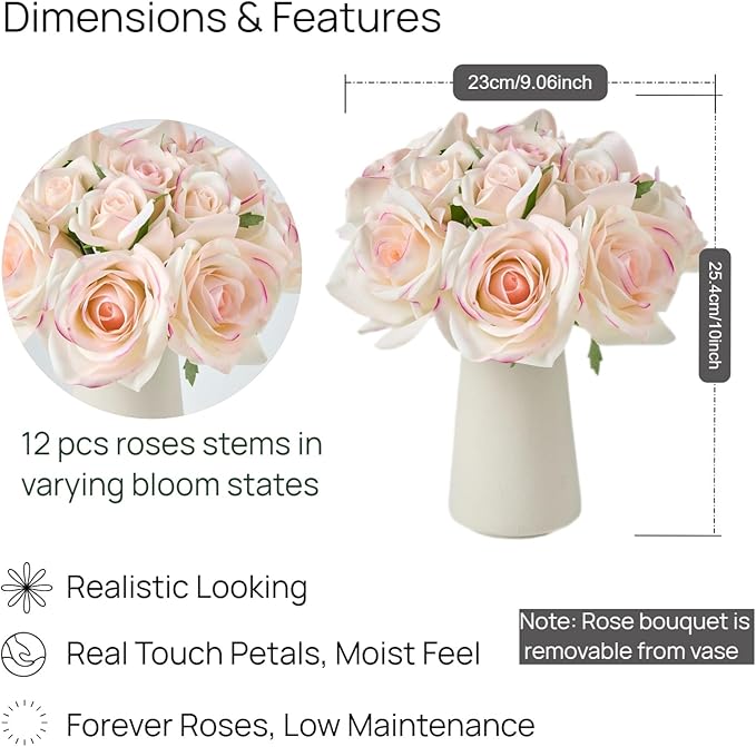 12-Piece Faux Real Touch Rose Bouquet in Ceramic Vase, Fake Flowers in Vase, Artificial Flowers for Home, Wedding, Bridal Bouquet, Party & Dining Table Centerpiece Decor (Pink Edge, 10" High)