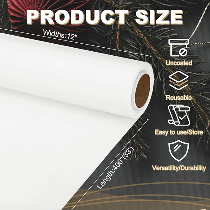 PATIKIL Wrapping Paper, 12"x400"(33') Bulletin Board Paper Roll Kraft Paper Roll Construction 80GSM for Shipping Packing Gift Wrapping Craft Flower Bouquet Christmas, White