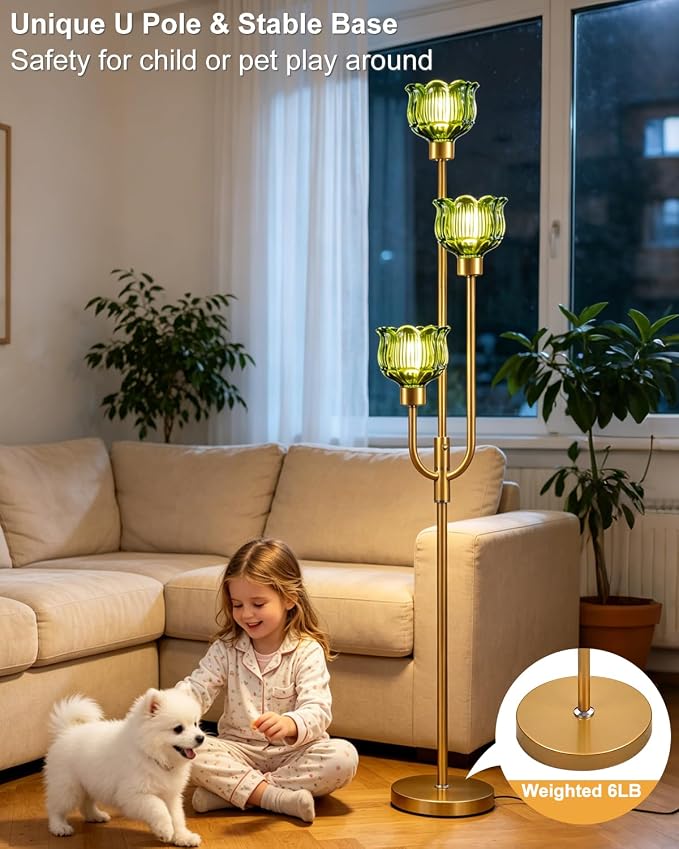 Lightdot 3-Lights Modern Glass Floor Lamp 66IN Gold Dimmable Floor Lamps with 3000K Warm White Bulbs for Wedding Party Tall Standing Lamp with Green Glass Shade for Living Room/Bedroom/Home Decor