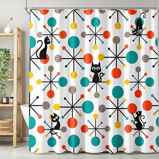 Mid Century Modern Cat Shower Curtain,Atomic Starburst Geometric Diamond Pattern Shower Curtains Set for Bathroom Fabric Decorative Bath Curtain Washable Curtain Hooks, 72x72”