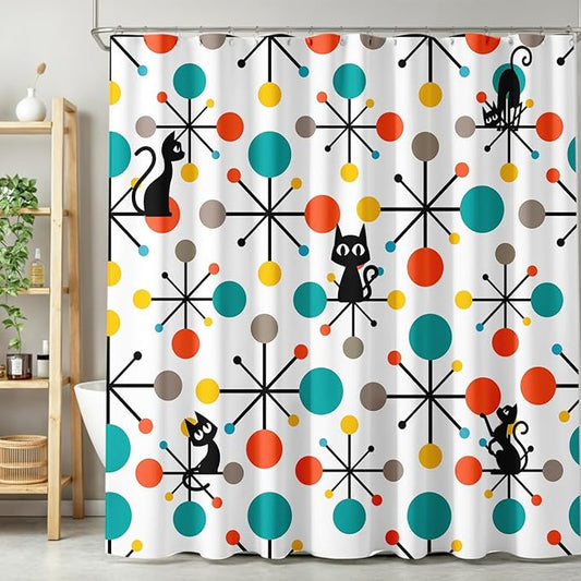 Mid Century Modern Cat Shower Curtain,Atomic Starburst Geometric Diamond Pattern Shower Curtains Set for Bathroom Fabric Decorative Bath Curtain Washable Curtain Hooks, 72x72”