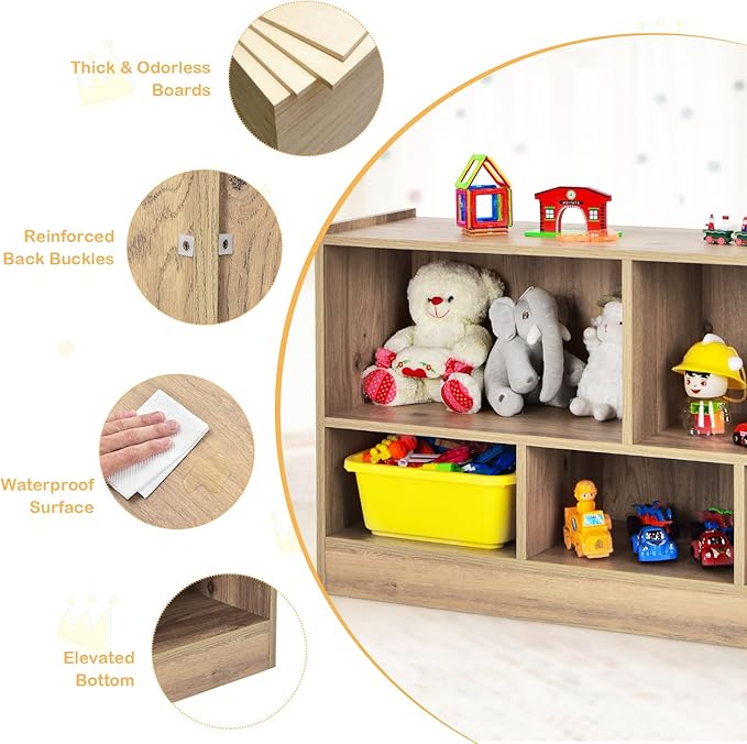 KOTEK Kids Storage Organizer, 5 Cubby Kids Bookshelf, Wooden 2-Layer Bookcase Storage Cabinet, Toy Shelf for Daycare, Nursery, School Classroom, Playroom, Living Room & Bedroom (Natural, 5 Cubes)