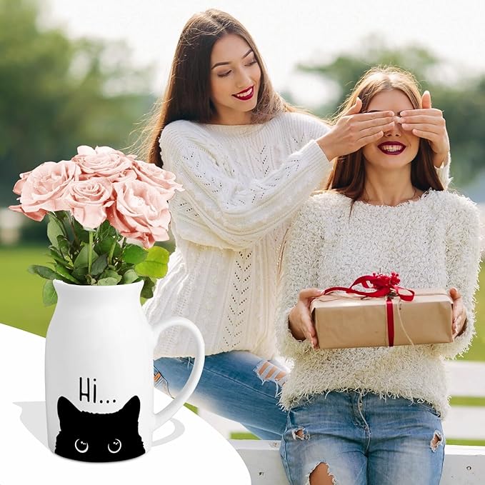 Cute Cat Themed Gifts, Small Ceramic Flower Vase Funny Coffee Mug for Cat Lover Owner Women Friend, Home Living Room Farmhouse Office Desk Table Shelf Decor (No Plants)