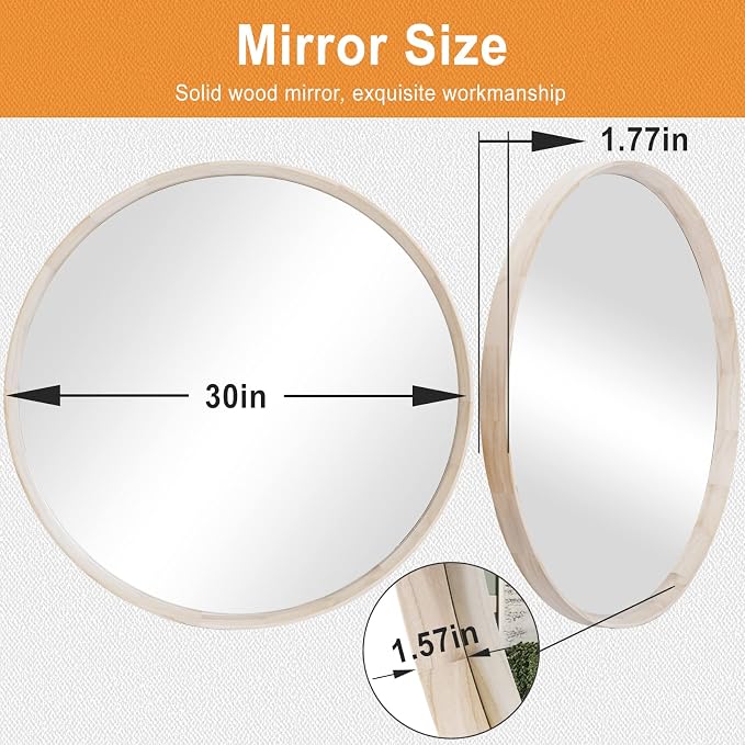 MAGFLERUM 30 Inch Round Natural Wood Mirror, Large Wall Circle Frame for Bathroom, Nursery Decor