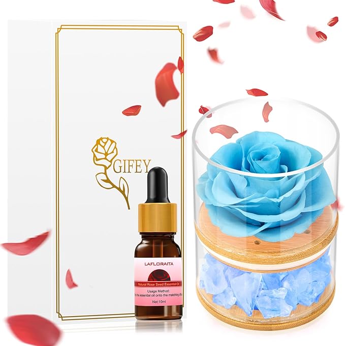 Christmas Birthday Flower Gift for Women Preserved Blue Rose with Light,Rose Essential Oil Set,Forever Flower Rose Gifts for Girlfriend Wife Mom Gift for Birthday, Anniversary,Thanksgiving,Valentines
