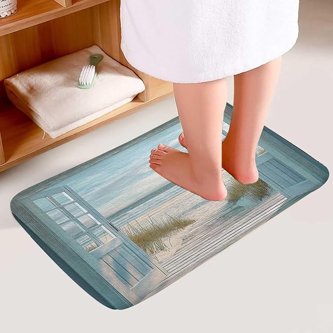 Blue Beach Barn Door Bath Rugs for Bathroom, Rustic Country Ocean Coastal Seaside Scenery Non Slip Flannel Bathroom Rug, Retro Teal Wood Dry Fast Water Absorbent Bath Mats, 17x29 Inch