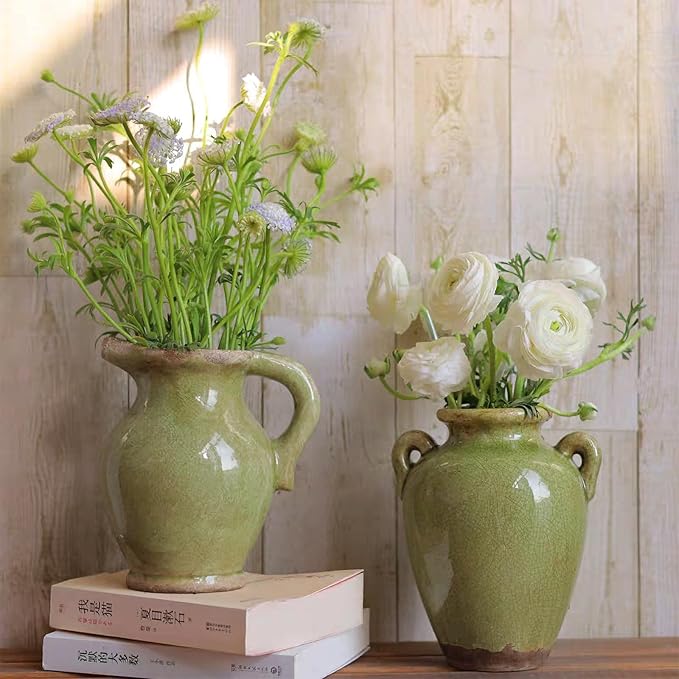 8 Inch Vintage Pitcher Vase, Rustic Green Ceramic Vases Flower Vase Farmhouse Decorative Pitchers for Home Decor, Terracotta Vases for Home Table Centerpiece Living Room Chinoiserie Decor