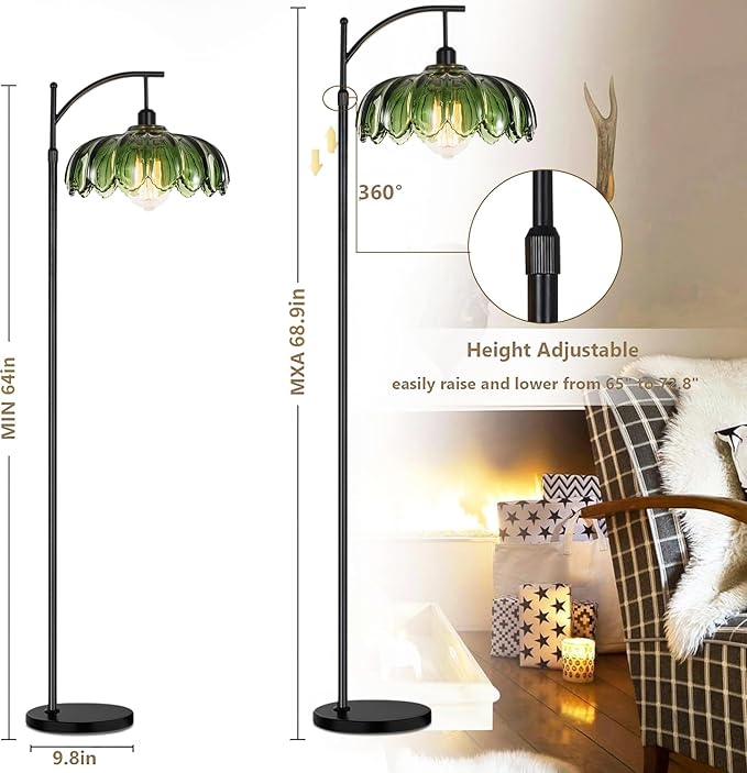 QIYIZM Glass Floor Lamp for Living Room,Bedroom,Gold Dimmable Standing Lamp with Remote,Mid Century Modern Brass Tall Lamp Boho Vintage Retro Floor Lamps Arc Green Flower Floor Light Lamp Bohemian