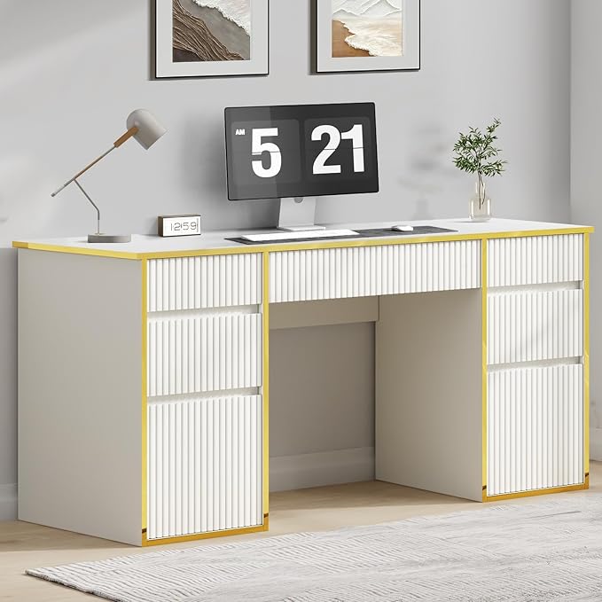 58 Inch White Desk with 7 Drawers, White and Gold Computer Desk with File Drawers for Bedroom, Home Office Desk for Study, Living Room