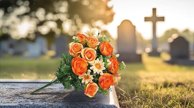 Hollyone Set of 2 Artificial Cemetery Flower for Graves Orange Cemetery Memorial Flowers for Outdoor Grave Decorations Silk Flower Arrangements Rose Ranunculus Gerbera Floral Flowers Bouquets