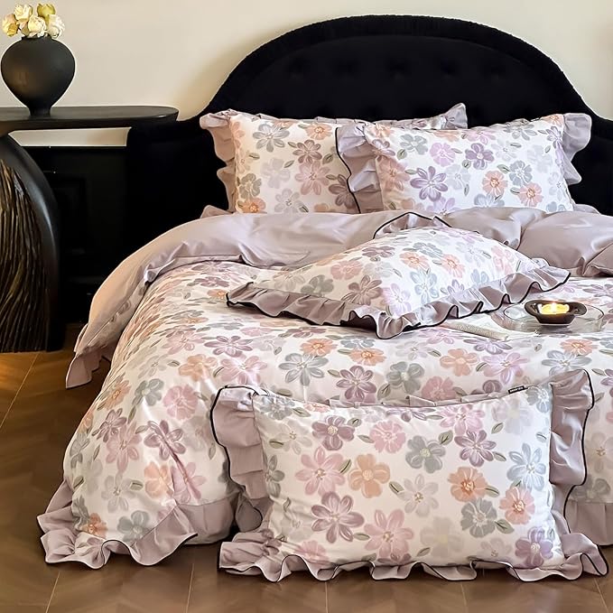 HighBuy Cottagecore Floral Ruffle Duvet Cover Queen for Kids Girls,Coquette Bedding Ruffle Duvet Cover Set Shabby Chic Brushed Cotton Bedding Set Breathable Durable Luxury with Zipper