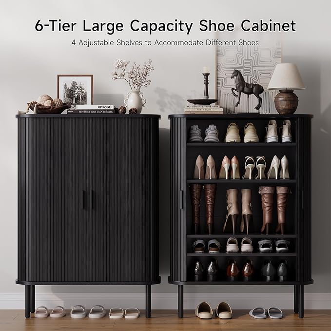 ONBRILL 6-Tier Shoe Cabinet with Sliding Door, Wooden Shoe Storage Cabinet with Adjustable Shelves, Mid-Century Modern Freestanding Shoe Storage Organizer for Entryway, Hallway, Living Room, Black