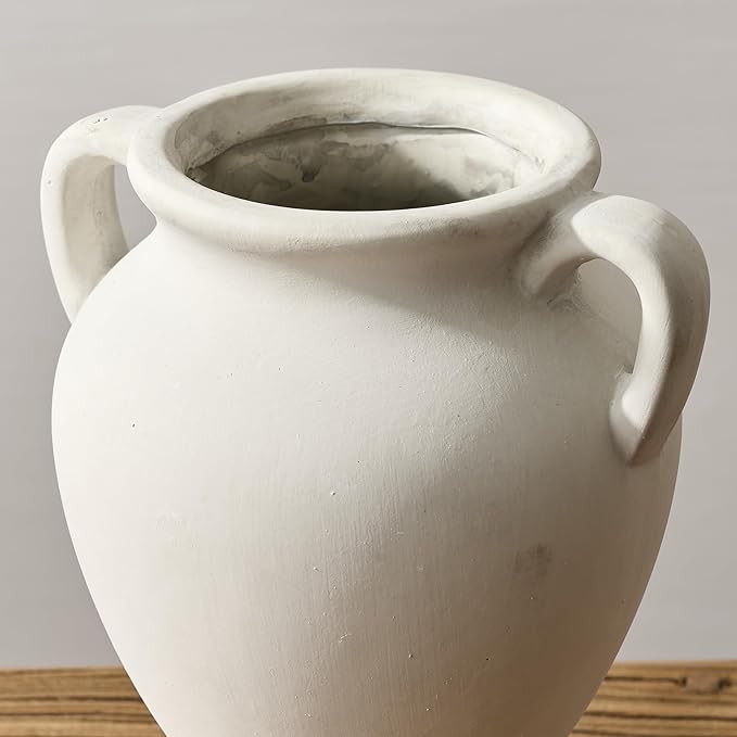 Ceramic Rustic Flower Vase with Handles, 8.46 Inch Tall Vintage Pottery Home Decor, Farmhouse Terracotta Vase for Living Room, Table, Shelf, Mantel Decoration, Farmhouse- Off-White