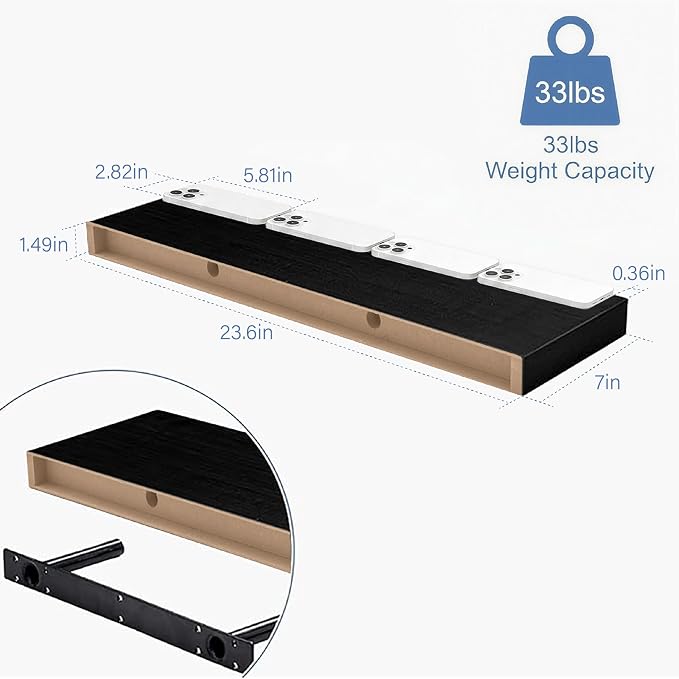 Floating Shelves for Wall, Bathroom Shelves Over Toilet, Wall Shelves & Book Shelf for Room, Hanging Shelf, Modern Wooden Mounted Floating Shelves, 24x7x1.5 in (Black, Set of 3)