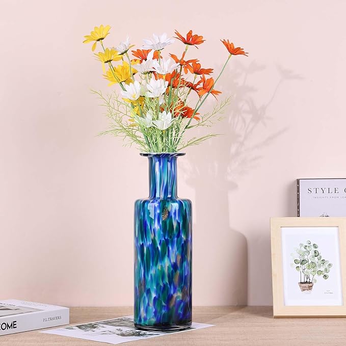 Hand Blown Glass Vase Teal Mosaic – Blue Green Art Glass Vase with Wide Mouth, Murano Style Bubble Vase, Unique Coastal Glass Decor for Dining Table, Living Room, Entryway or Beach Home Accent (Green)