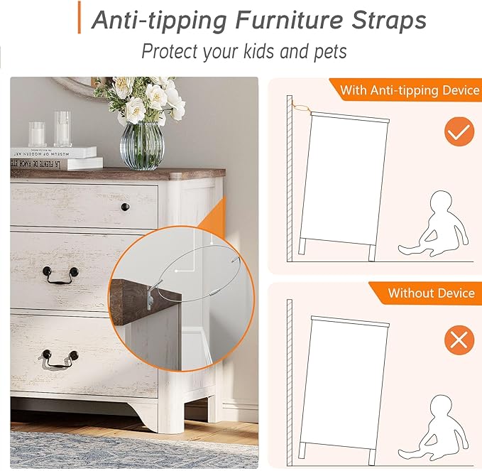 Dresser for Bedroom with 3 Drawers, Rustic White Kids Dressers Wood Chest of Drawers with Curved Profile Design, Mid Century Modern Small Closet Storage Organizer for Nursery, Hallway, Living Room