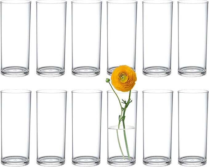 KLIFA- Carlsbad- Set of 12 Pieces, 7.68 Inch Tall, Plastic Cylinder Vases for Centerpieces, Shatterproof, High Transparency, Acrylic Flower Vase for Wedding, Parties and Home Decorations, Clear