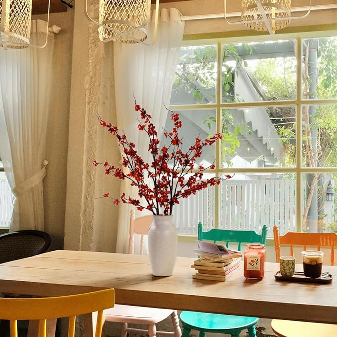 LESING 4pcs Cherry Blossom Flowers Artificial, Fake Silk Cherry Blossom Branches Tall Peach Blossom Flower Stems Arrangement for Wedding Home Office Party Decoration (Red-2)