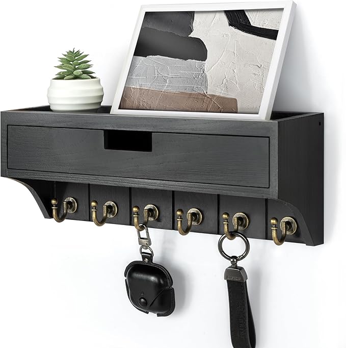 Rebee Vision Decorative Pine Wood Key Holder Wall Mount with Drawer Organizer – Modern Mail Organizer with 6 Key Hooks and Storage Drawer – Home Decor for Apartment Essentials (Black)