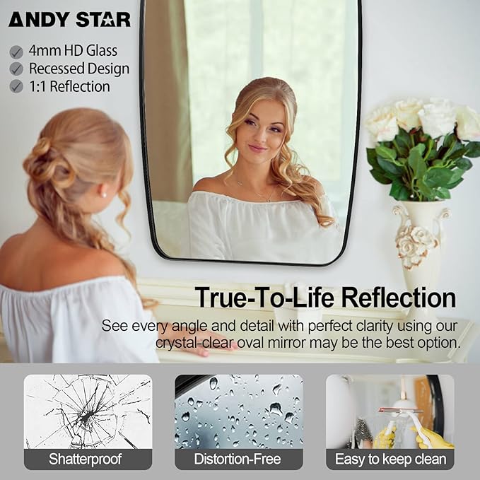 ANDY STAR 24x40” Black Bathroom Mirror, Oblong Vanity Mirror with Stainless Steel Metal Frame, Matte Black Oval Mirror for Over Sink, Modern Anti Rust Wall Mounted