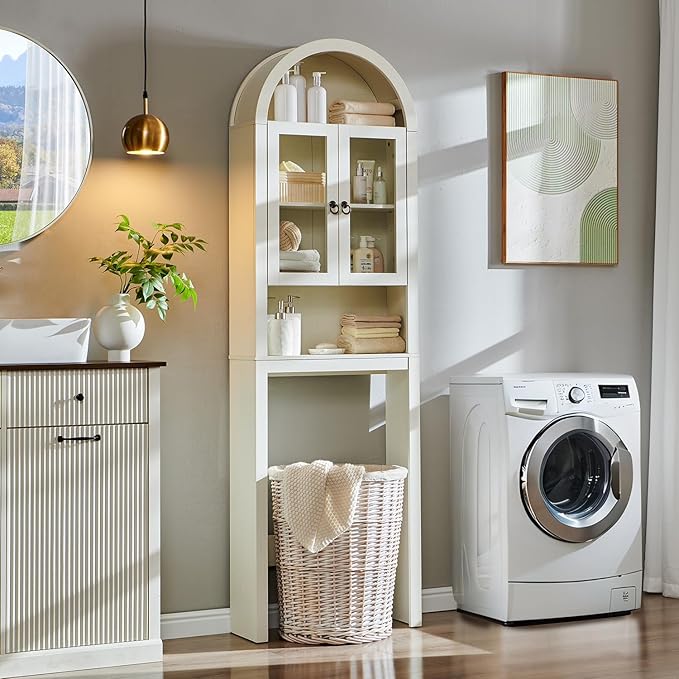 IFGET Arched Over The Toilet Storage Cabinet with Acrylic Doors, Modern Over Toilet Bathroom Organizer Shelf, Small Wooden Bathroom Storage Cabinet with Adjustable Shelf, Space Saver, Antique White