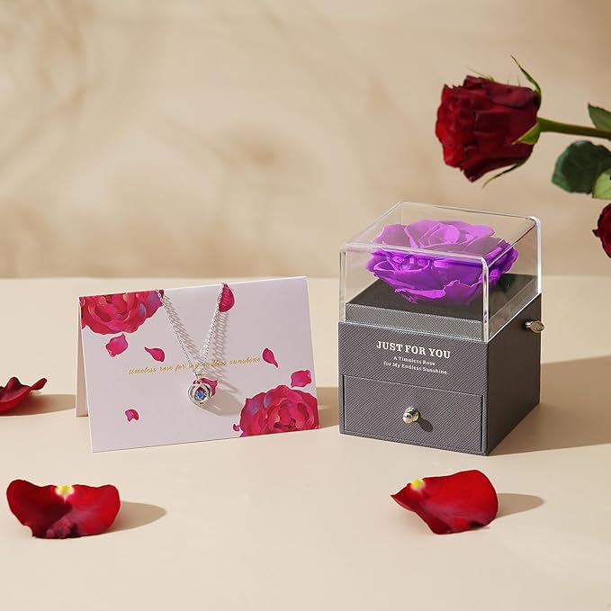Romantic Rose Gifts for Her - Forever Preserved Rose with Silver Heart Pendant Necklace for Wife Girlfriend Mom | You Are My Sunshine Music Box for Women - Perfect on Valentines, Birthday, Anniversary