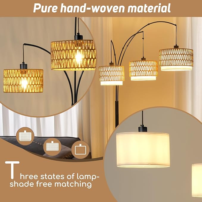 Arc Floor Lamp for Living Room, 80 Inch Rattan Floor Lamp with Rotary Switch, 3 Lights Boho Tall Lamp with Wicker Shade for Coastal,Bohemian,Tree Farmhouse Standing Lamp
