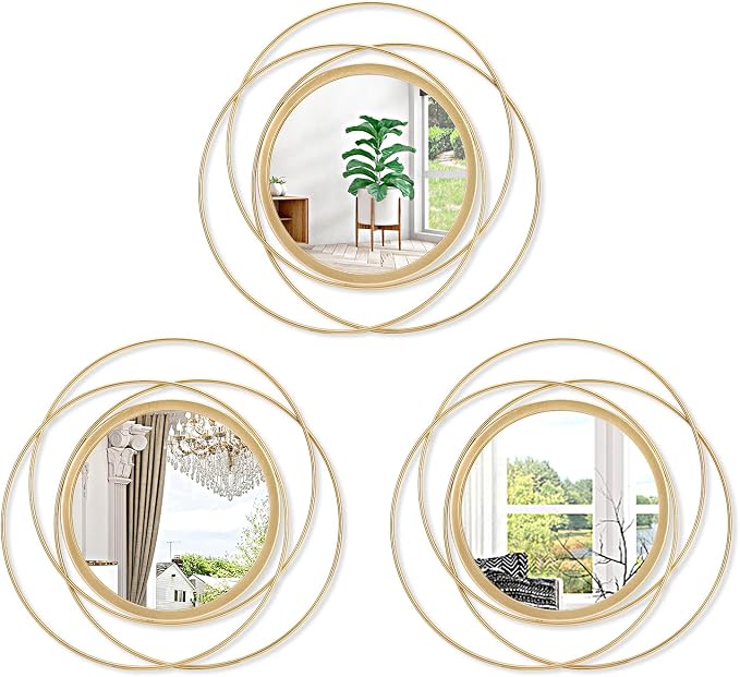 3 Set Gold Circle Mirrors for Wall Decor - Metal Art Small Round Mirror Sets - Hanging Wall Sculpture for Bedroom, Living Room, Entryway 12''
