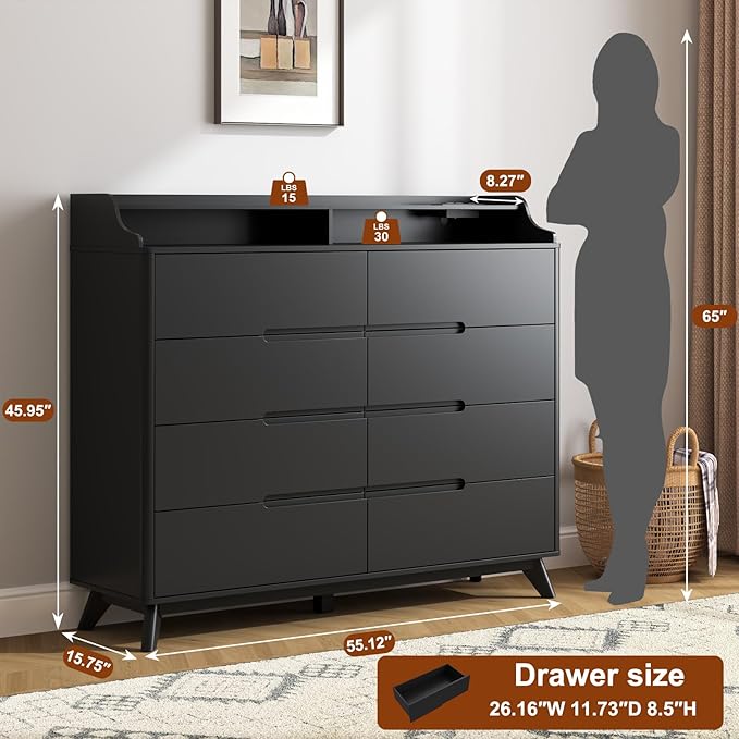 Dresser for Bedroom with 8 Drawers, 55" Large Dresser & Chest of Drawers with Charging Station, Wood Closet Clothes Storage Tall Dressers Organizer for Bedroom Living Room Hallway (Black)