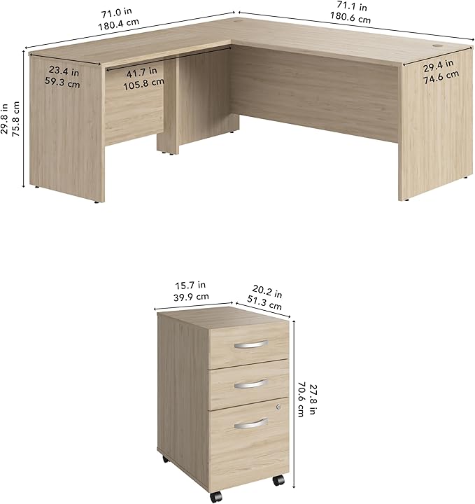 Bush Business Furniture 72W x 30D L Shaped Desk with Mobile File Cabinet, Corner Table and Drawers for Home or Professional Office, Studio C Collection, Natural Elm