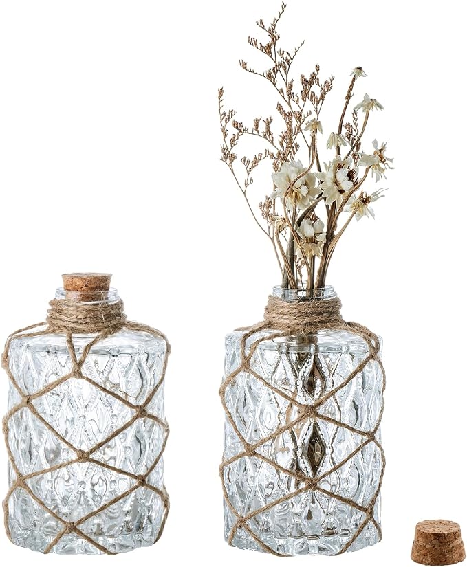 MyGift Set of 2 Rustic Embossed Glass Bud Vases with Cork Lids and Hand-Woven Hemp Rope – Apothecary Style Decorative Bottles for Farmhouse, Vintage, or Boho Home Decor