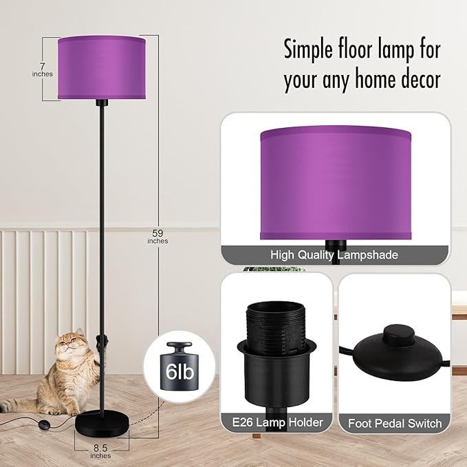 AUQUEE Floor Lamp, Standing Lamp, Modern Stand Up Lamps with Purple Lampshade, 59" Tall, Foot Switch, Simple Living Room Decor for Kids Room, Girls Room, Den, Office - Black(NO Bulb,E26 Base)
