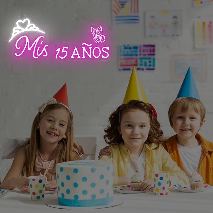 Mis 15 Anos Neon Sign, Sweet 15 Quince Party Sign with Dimmer Switch, Birthday Party Decor, Quinceanera Party Sign, Preppy Room Decor,Birthday Party Home Decorations, Mitzvah Gift-Pink-16"x7.09"